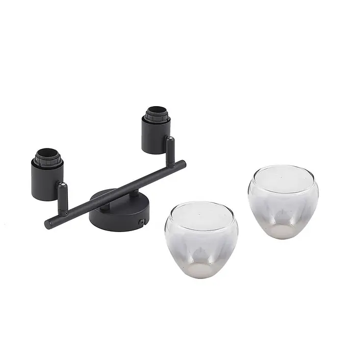 Lindby Deckenstrahler Pendura - schwarz, alu / grau / zink, E14 - Schwarze Zweifach-Spotleuchte mit zwei kugelförmigen klaren Glasschirmen.