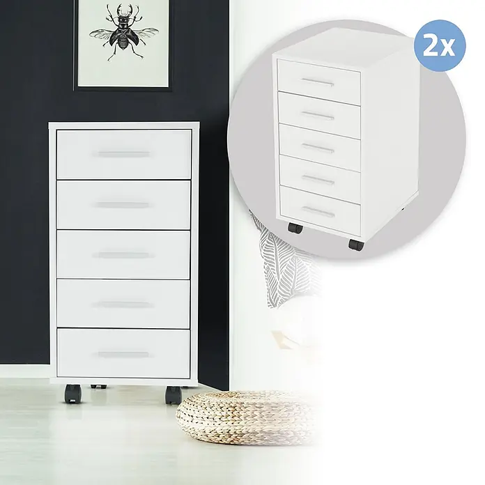 ML-Design Rollcontainer Mobiler Aktenschrank aus Holz und Aluminium-Griffe Rollwagen - Weiß - Set aus zwei weißen Rollcontainern mit 5 Schubladen für Büro oder Zuhause.