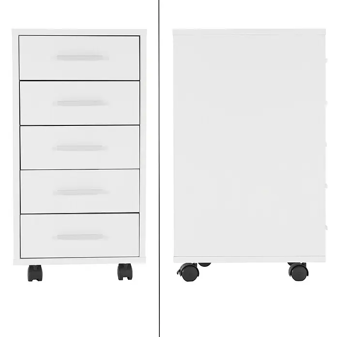 ML-Design Rollcontainer Mobiler Bürocontainer mit Schubladen für Akten & Dokumente - L x B x H: 33 x 38 x 63,5 cm, Weiß - Weißer mobiler Aktenschrank mit 5 Schubladen und silbernen Griffen.