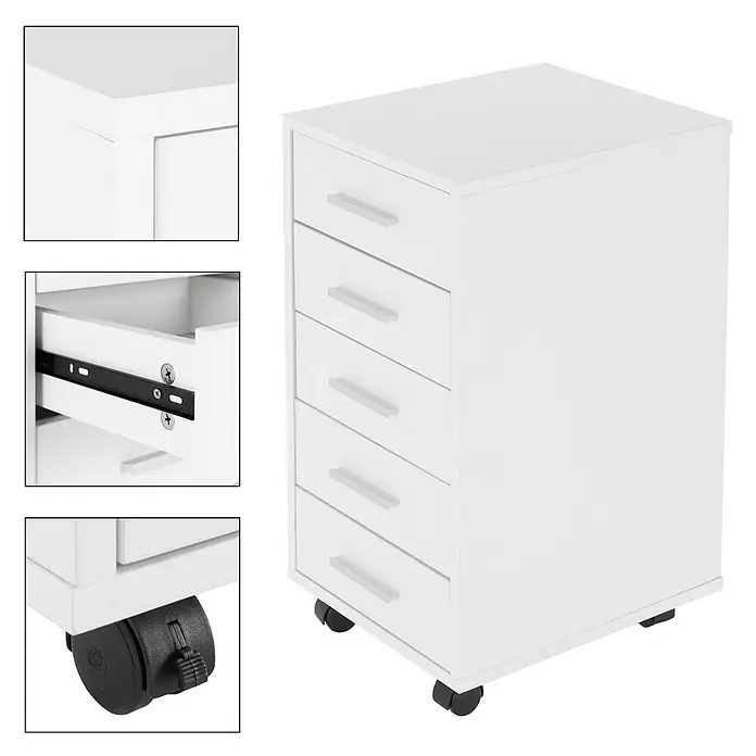 ML-Design Rollcontainer Mobiler Bürocontainer mit Schubladen für Akten & Dokumente - L x B x H: 33 x 38 x 63,5 cm, Weiß - Weißer Rollcontainer mit fünf Schubladen, silberfarbenen Griffen, leichtgängigen Auszügen und Lenkrollen.