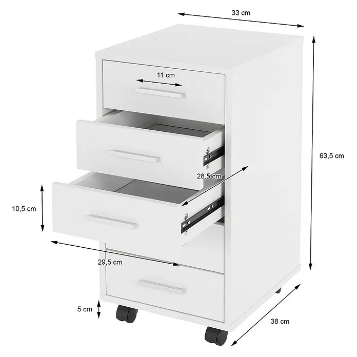 ML-Design Rollcontainer Mobiler Bürocontainer mit Schubladen für Akten & Dokumente - L x B x H: 33 x 38 x 63,5 cm, Weiß - Weißer mobiler Rollcontainer mit vier Schubladen auf Rollen, bemaßt.