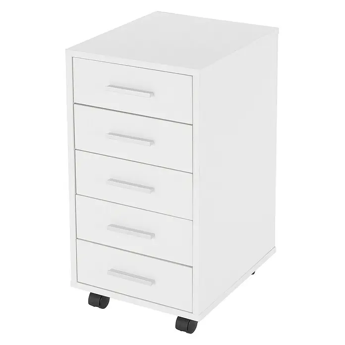 ML-Design Rollcontainer Mobiler Bürocontainer mit Schubladen für Akten & Dokumente - L x B x H: 33 x 38 x 63,5 cm, Weiß - Weißer mobiler Rollcontainer mit fünf Schubladen und silbernen Griffen.
