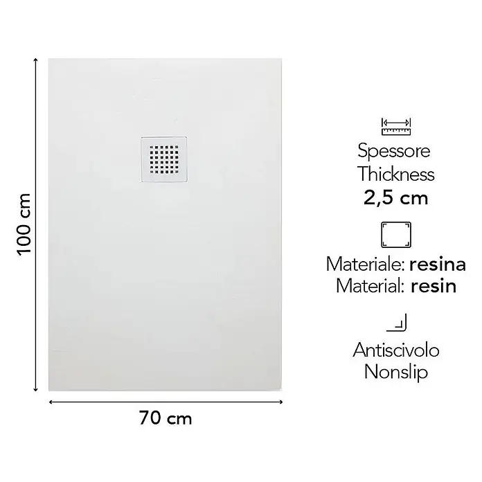 Kiamami Valentina Duschwanne - L x B: 1.000 x 700 cm, Verbundwerkstoff, Weiß - Weißes 100x70 cm Duschbecken aus Harz mit zentralem Ablauf und rutschfester Oberfläche, 2,5 cm dick.