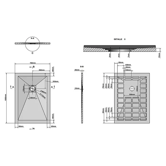 Kiamami Valentina Duschwanne - L x B: 1.000 x 700 cm, Verbundwerkstoff, Anthrazitgrau - Technische Zeichnung einer rechteckigen Duschwanne mit zentralem Abfluss, Maßen und Schnittansichten.
