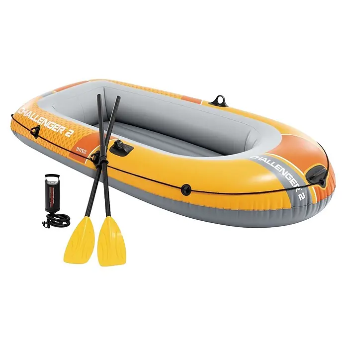Intex Schlauchboot Challenger 2 - Geeignet für: 2 Personen, Nutzlast: 200 kg, L x B x H: 236 x 114 x 41 cm - Gelbes und graues Intex Challenger 2 Schlauchboot mit zwei Paddeln und Luftpumpe.