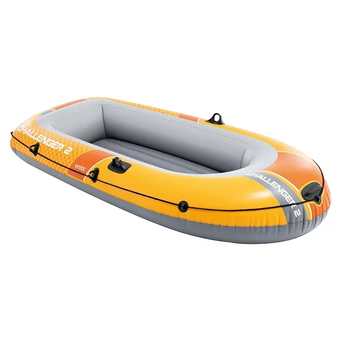 Intex Schlauchboot Challenger 2 - Geeignet für: 2 Personen, Nutzlast: 200 kg, L x B x H: 236 x 114 x 41 cm - Gelbes und orangefarbenes Schlauchboot mit 'Challenger 2' und 'Intex' Logo, schwarzem Seil und Ruderhalterungen.