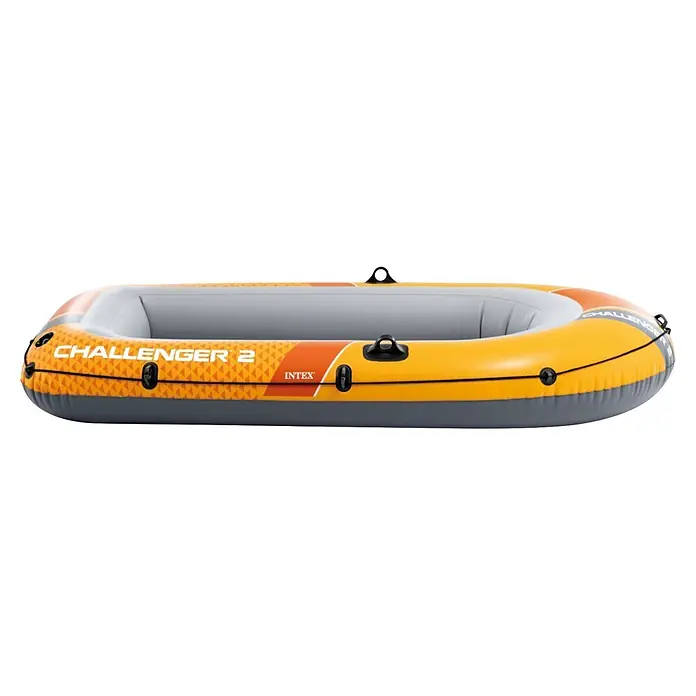 Intex Schlauchboot Challenger 2 - Geeignet für: 2 Personen, Nutzlast: 200 kg, L x B x H: 236 x 114 x 41 cm - Gelbes und oranges Schlauchboot mit grauem Boden und schwarzem Seil, beschriftet mit 'CHALLENHER 2' und 'INTEX'.
