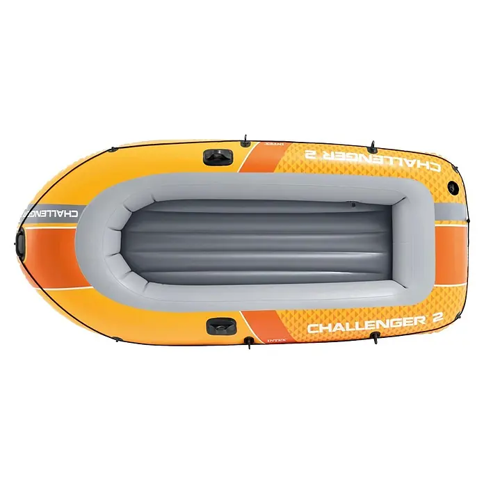 Intex Schlauchboot Challenger 2 - Geeignet für: 2 Personen, Nutzlast: 200 kg, L x B x H: 236 x 114 x 41 cm - Gelbes und oranges Schlauchboot mit grauem Innenraum für Freizeitzwecke.