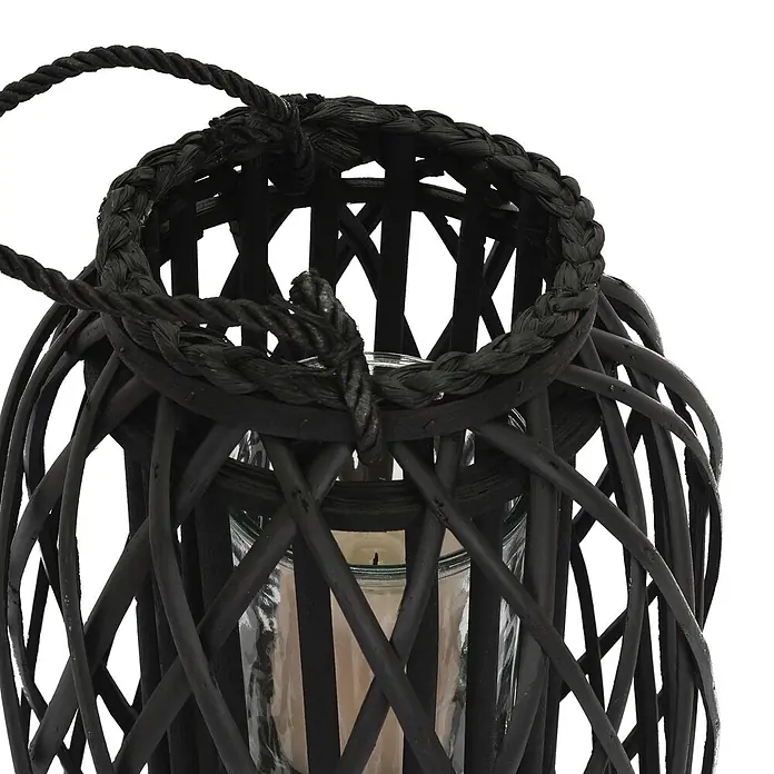 ECD Germany Deko-Tischleuchte Laterne Ried mit Henkel Rattan Windlicht mit Glaseinsatz Kerzenständer - L x B x H: 28 x 28 x 50 cm - Schwarze gewebte Weidenlaterne mit Glashalter für eine Kerze.