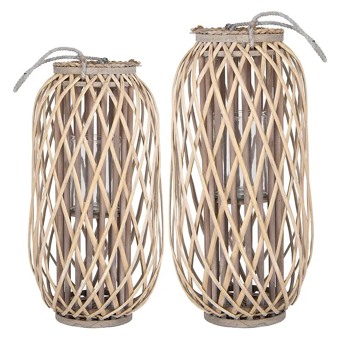 ECD Germany Deko-Tischleuchte Laterne mit Henkel - L x B x H: 30 x 30 x 60 cm - Zwei Laternen aus Naturholz mit geflochtenen Lamellen, Glaseinsätzen und Seilgriffen.