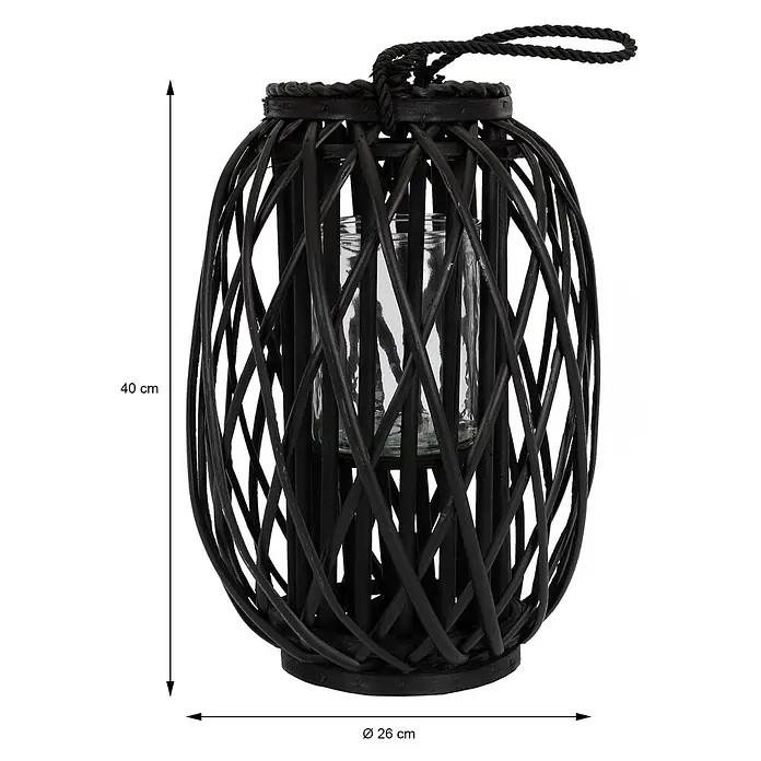 ECD Germany Deko-Tischleuchte Laterne Ried mit Henkel Rattan Windlicht mit Glaseinsatz Kerzenständer - L x B x H: 28 x 28 x 50 cm - Schwarze Rattan-Laterne mit Glaseinsatz für Kerzen, 40 cm hoch und 26 cm Durchmesser.