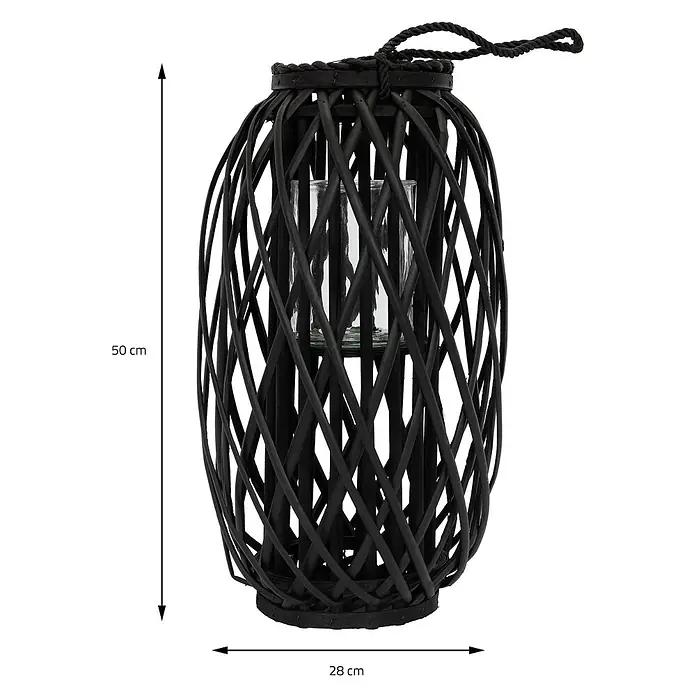 ECD Germany Deko-Tischleuchte Laterne Ried mit Henkel Rattan Windlicht mit Glaseinsatz Kerzenständer - L x B x H: 28 x 28 x 50 cm - Schwarze Weidenlaterne mit Glaseinsatz, 50 cm hoch und 28 cm breit.