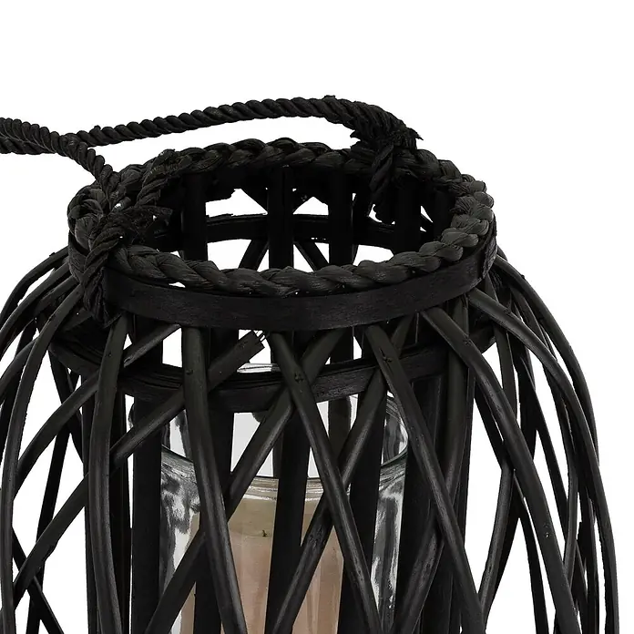 ECD Germany Deko-Tischleuchte Laterne Ried mit Henkel Rattan Windlicht mit Glaseinsatz Kerzenständer - L x B x H: 28 x 28 x 50 cm - Schwarze Weidenlaterne mit Glaseinsatz und Seilgriff.
