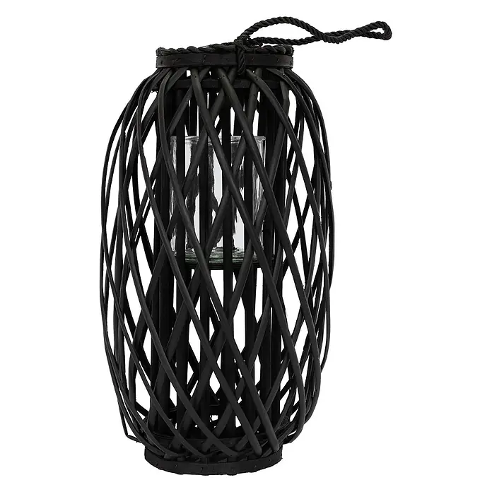 ECD Germany Deko-Tischleuchte Laterne Ried mit Henkel Rattan Windlicht mit Glaseinsatz Kerzenständer - L x B x H: 28 x 28 x 50 cm - Schwarze Rattanlaterne mit integriertem Glaseinsatz.