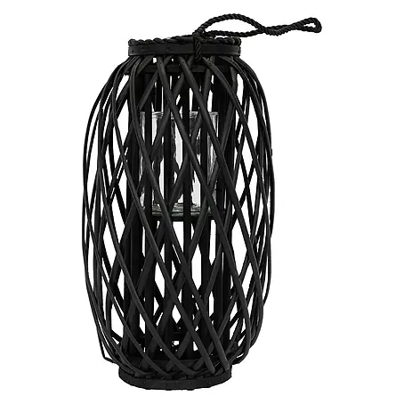 ECD Germany  Deko-Tischleuchte Laterne Ried mit Henkel Rattan Windlicht mit Glaseinsatz Kerzenständer