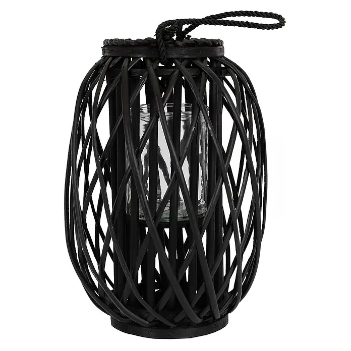 ECD Germany Deko-Tischleuchte Laterne Ried mit Henkel Rattan Windlicht mit Glaseinsatz Kerzenständer - L x B x H: 28 x 28 x 50 cm - Schwarze geflochtene Laterne mit Glaseinsatz und Seilgriff.