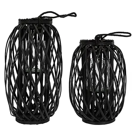 ECD Germany  Deko-Tischleuchte Laterne Ried mit Henkel Rattan Windlicht mit Glaseinsatz Kerzenständer
