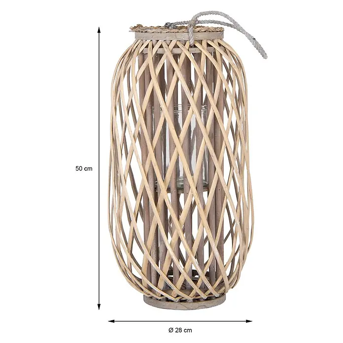 ECD Germany Deko-Tischleuchte 50xØ28cm Natur Korbgeflecht Handgeflochtene Gartenlaterne Kerzenhalter -  - Große Naturweidenlaterne mit Glaseinsatz und Seilgriff, 50x28 cm.