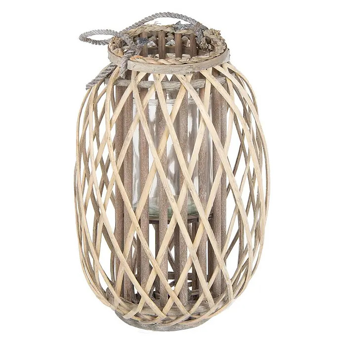 ECD Germany Deko-Tischleuchte Laterne Windlicht Retro Gartenlaterne Kerzenhalter Kerzenständer - L x B x H: 26 x 26 x 40 cm - Eine dekorative Laterne aus geflochtenem Holz oder Weide mit Glaszylinder und geflochtenem Seilgriff.