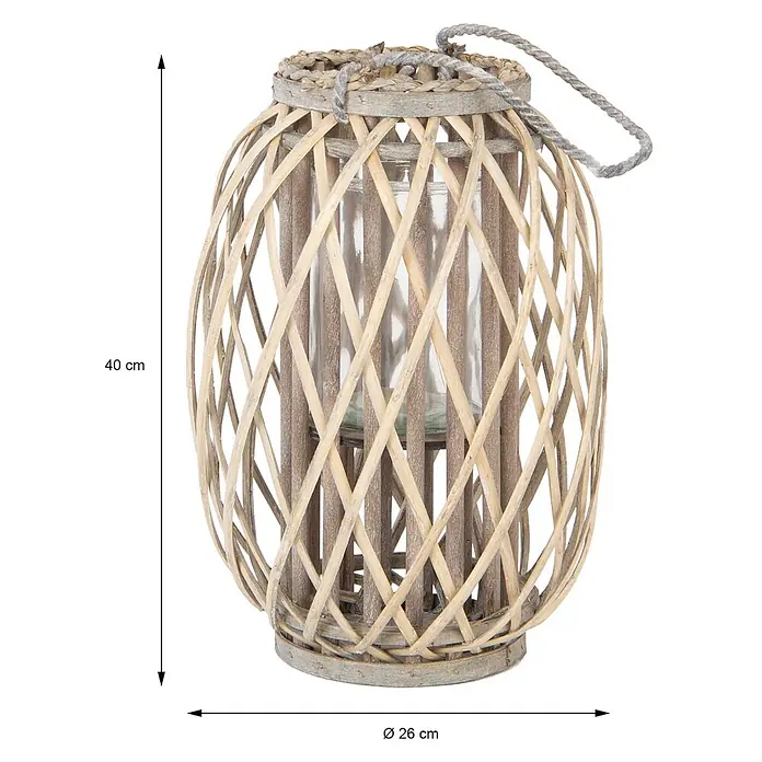 ECD Germany Deko-Tischleuchte Laterne Windlicht Retro Gartenlaterne Kerzenhalter Kerzenständer - L x B x H: 26 x 26 x 40 cm - Naturfarbene Rattanlaterne mit Glaseinsatz und Seilgriff.