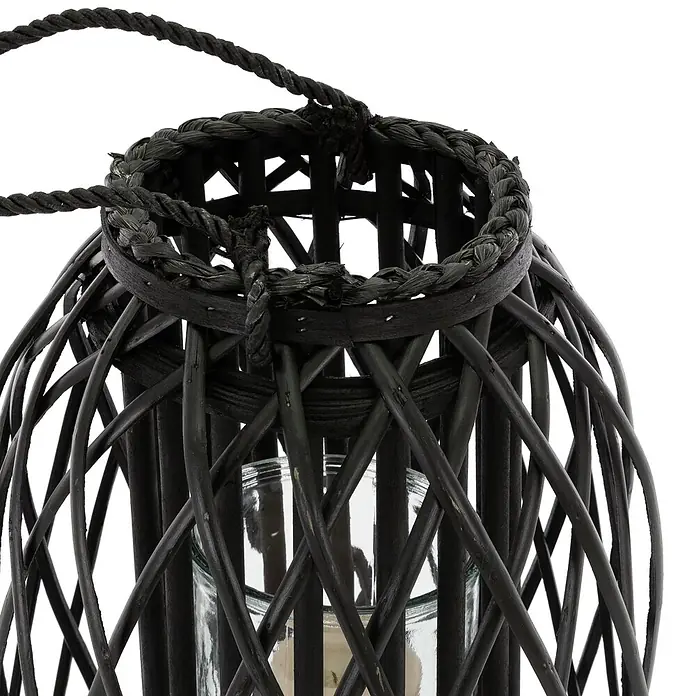 ECD Germany Deko-Tischleuchte Laterne Ried Rattan Windlicht Retro-Laterne Korbgeflecht Gartenlaterne -  - Dunkle Rattan-Laterne mit Glaseinsatz und geflochtenem Seilgriff.