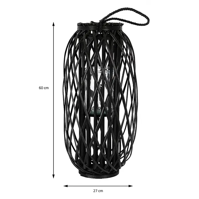 ECD Germany Deko-Tischleuchte Laterne Ried Rattan Windlicht Retro-Laterne Korbgeflecht Gartenlaterne -  - Große schwarze Weidenlaterne mit geflochtenem Design und Glaseinsatz, ideal für Kerzen.