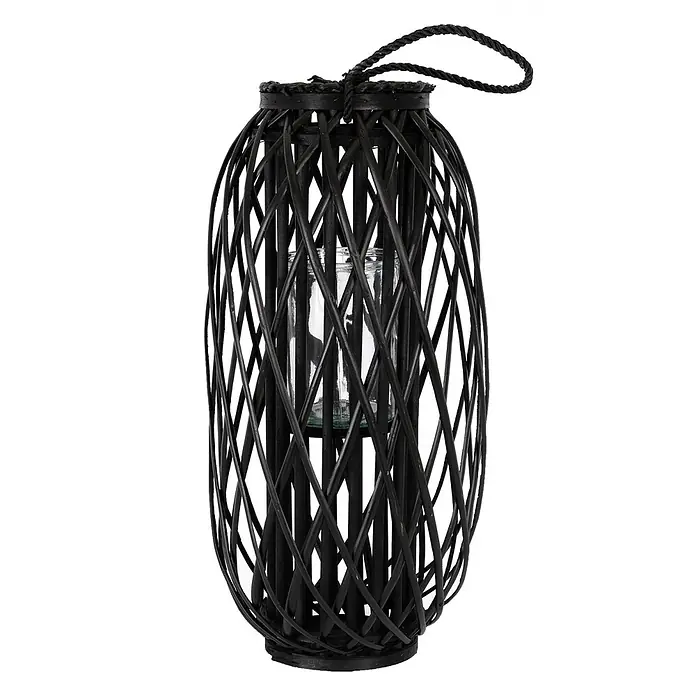 ECD Germany Deko-Tischleuchte Laterne Ried Rattan Windlicht Retro-Laterne Korbgeflecht Gartenlaterne -  - Schwarze geflochtene Weidenlaterne mit Glaseinsatz und geflochtenem Seilgriff.