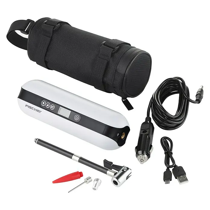 Fischer Akku-Kompressor - Passend für: Sclaverand/Dunlop Ventile, 10,3 bar, LC-Display - Tragbare Luftpumpe mit Zubehör, ideal für unterwegs. Inklusive Tasche, verschiedenen Adaptern und Ladekabeln für vielseitige Anwendungen.