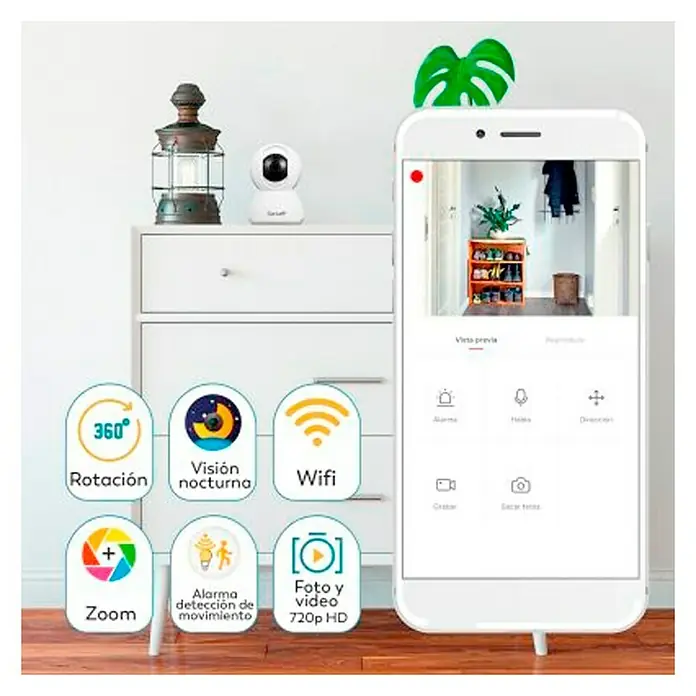 Garza Smart Home Cámara de vigilancia WiFi -  - Cámara de seguridad inteligente con rotación de 360°, visión nocturna, WiFi, zoom, detección de movimiento y grabación de fotos y videos HD de 720p.