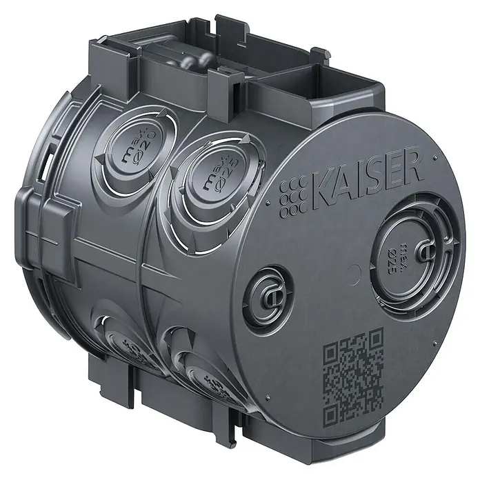 Kaiser Schalterdose - Ø x L: 60 x 66 mm, Schwarz, 25 Stk. - Dunkelgraue Kunststoff-Abzweigdose mit mehreren Kabeleinführungen und "Kaiser"-Branding.