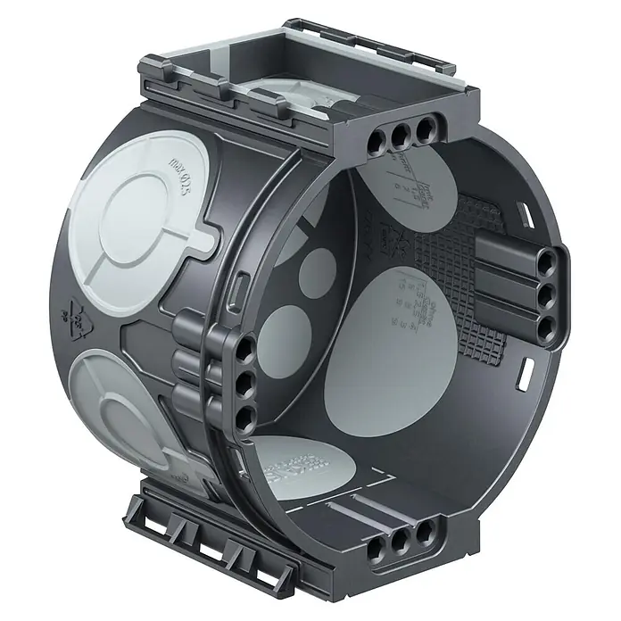 Kaiser Schalterdose 1055-25 - Ø x L: 60 x 46 mm, Schwarz - Dunkelgraue Kunststoff-Elektroanschlussdose mit mehreren Kabeleinführungen.