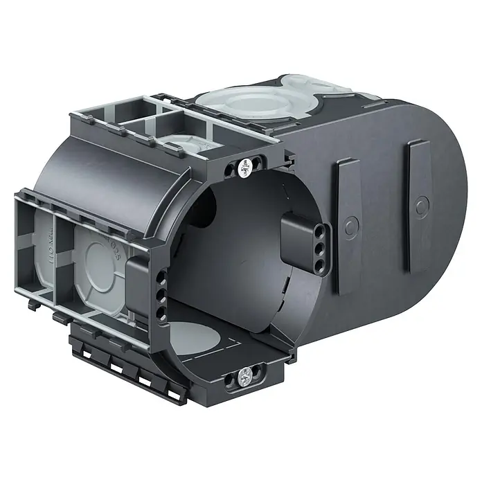 Kaiser Schalterdose 1068-25 - Ø x L: 80 x 149 mm, Schwarz. Grau - Dunkelgraue Kunststoff-Hohlwanddose für Elektroinstallationen mit runden Ausbrechöffnungen und Befestigungsschrauben.