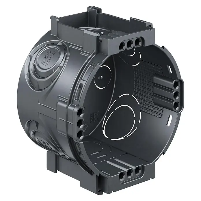 Kaiser Schalterdose - Ø x L: 60 x 46 mm, Schwarz, 25 Stk. - Runde, dunkelgraue Kunststoff-Unterputzdose mit mehreren Kabeleinführungen.