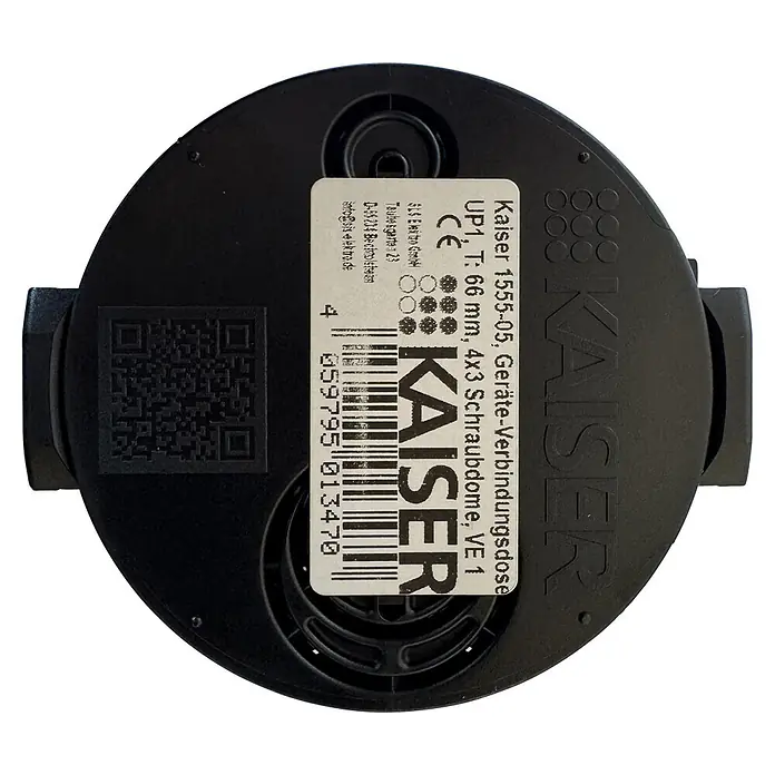 Kaiser Schalterdose - Ø x L: 60 x 66 mm, Schwarz, 1 Stk. - Schwarze, runde Kaiser Geräte-Verbindungsdose mit Produktetikett (Modell 1555-05, 66 mm).