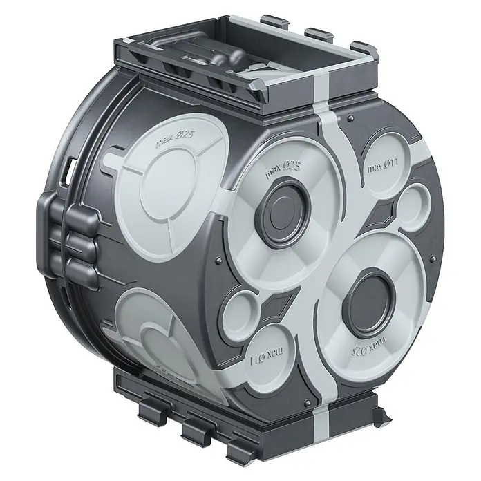 Kaiser Schalterdose 1055-25 - Ø x L: 60 x 46 mm, Schwarz - Futuristischer grau-weißer zylindrischer Lagerbehälter mit detaillierten Paneelen und Markierungen.