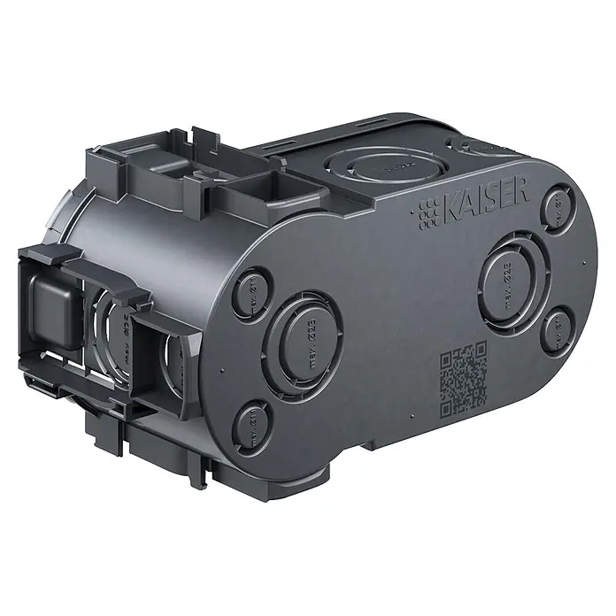 Kaiser Schalterdose 1068-05 - Ø x L: 80 x 149 mm, Schwarz - Dunkelgraue Kunststoff-Elektrodose mit mehreren runden Einführungen und integrierten Befestigungselementen.
