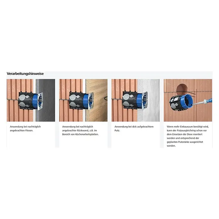 Kaiser Putzausgleichsring 1155-63 - Durchmesser: 60 mm, Höhe: 12 mm, Kunststoff, 1 Stk. - Schwarze und blaue Elektro-Installationsdose mit Putzausgleichsring, dargestellt in verschiedenen Wandeinbauten für unterschiedliche Wandbeläge.