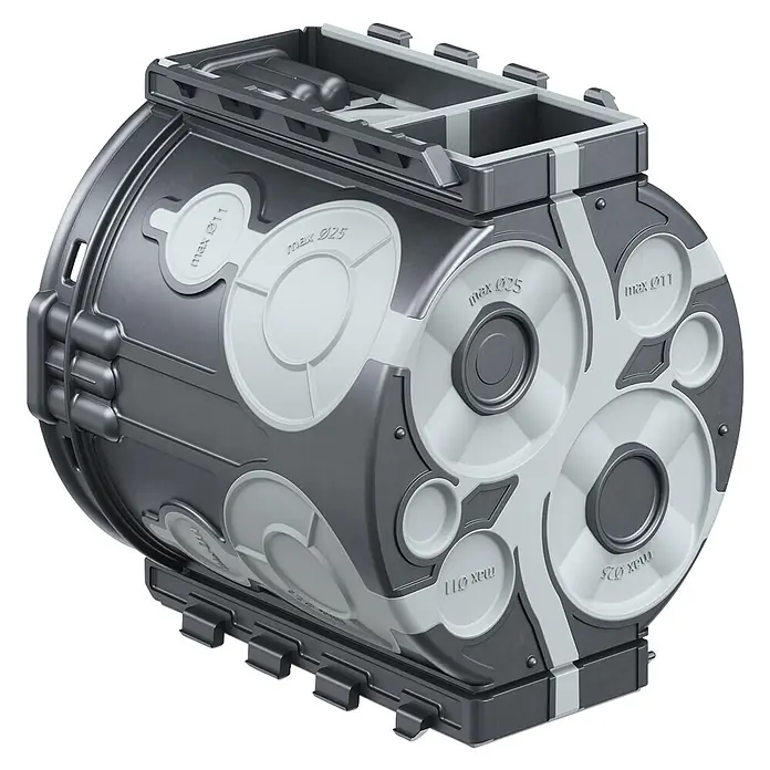 Kaiser Schalterdose 1555-25 - Ø x L: 60 x 66 mm, Schwarz - Dunkelgrauer modularer zylindrischer Behälter mit weißen Akzenten, technischen Markierungen und oberer Öffnung.