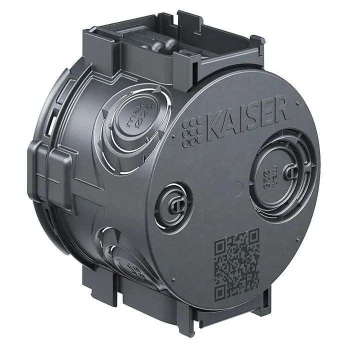 Kaiser Schalterdose - Ø x L: 60 x 46 mm, Schwarz, 25 Stk. - Dunkelgraue Kunststoff-Installationsdose mit mehreren Kabeleinführungen (max. Ø25) und KAISER-Logo.