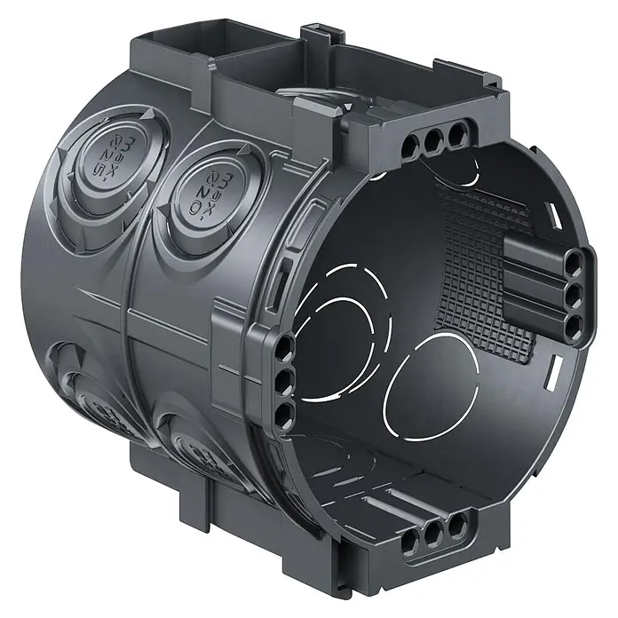 Kaiser Schalterdose - Ø x L: 60 x 66 mm, Schwarz, 25 Stk. - Dunkelgraue Kunststoff-Elektroinstallationsdose, zylindrisch mit mehreren Kabeleinführungen und Befestigungsmöglichkeiten.