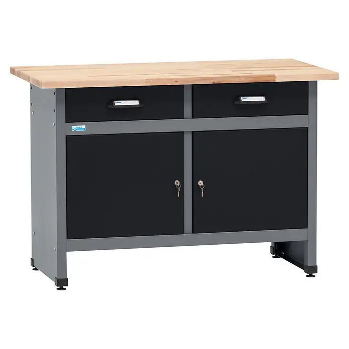 Küpper Werkbank - L x B: 120 x 60 cm, Arbeitshöhe: 84 cm, Belastbarkeit: 300 kg, Anzahl Schubladen: 2 Stk. - Werkstattschrank mit heller Holz-Arbeitsplatte, grauem Rahmen, schwarzen Schubladen und abschließbaren Schranktüren.