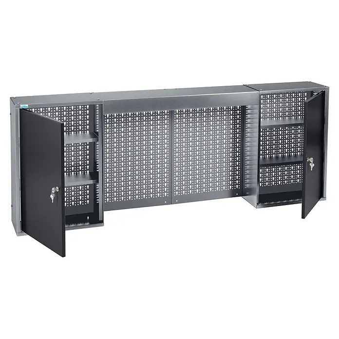 Küpper Hängeschrank - L x B x H: 160 x 20 x 60 cm, Anzahl Türen: 2 Stk. - Grauer Metall-Wandschrank mit perforierten Rückwänden, zwei offenen schwarzen Türen und Einlegeböden, mit Schlüsseln in den Schlössern.