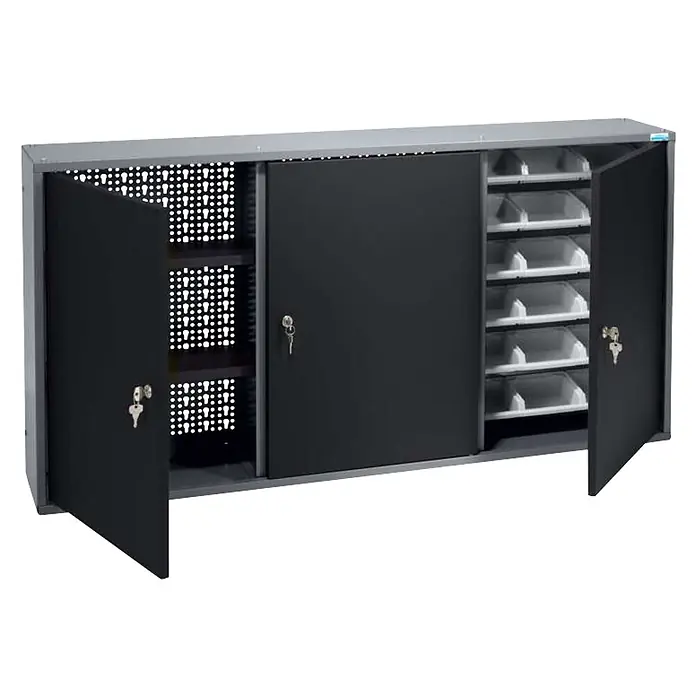 Küpper Hängeschrank - L x B x H: 19 x 120 x 60 cm, 18 Sichtboxen, Anzahl Türen: 3 Stk. - Dunkelgrauer Metall-Werkzeugschrank mit Lochwänden, Schiebetür und Lagersichtkästen.
