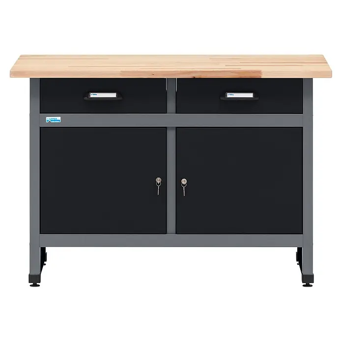 Küpper Werkbank - L x B: 120 x 60 cm, Arbeitshöhe: 84 cm, Belastbarkeit: 300 kg, Anzahl Schubladen: 2 Stk. - Robuste Werkbank mit heller Holzplatte, zwei schwarzen Schubladen und zwei schwarzen, abschließbaren Schränken auf grauem Metallrahmen.