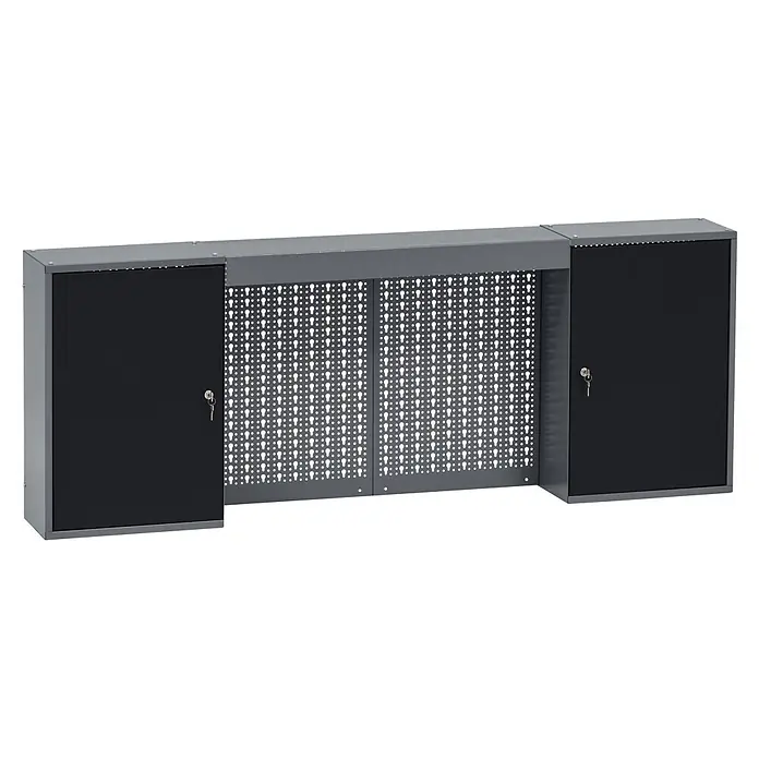 Küpper Hängeschrank - L x B x H: 160 x 20 x 60 cm, Anzahl Türen: 2 Stk. - Grauer Metall-Schrank mit zwei schwarzen, abschließbaren Türen und einer zentralen Lochwand.