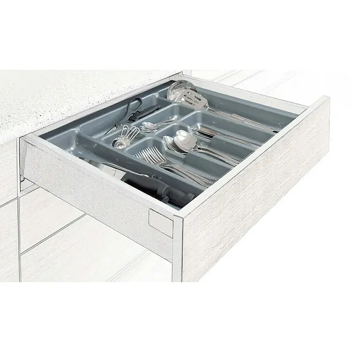 Cubertero 300 - L x An x Al: 47,3 x 20,9 x 5,3 cm, Gris - Un inserto de cajón abierto que contiene una variedad de cubiertos, incluyendo cuchillos, tenedores y cucharas.