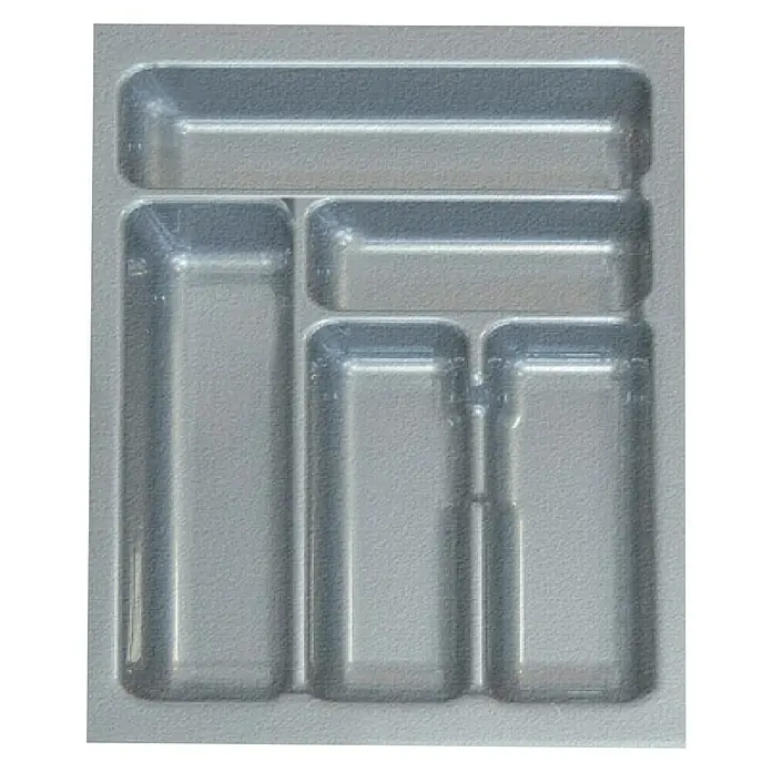 Cubertero 400 - L x An x Al: 47,3 x 30,9 x 5,3 cm, Gris - Una bandeja de cubiertos gris con múltiples compartimentos de diferentes tamaños para la organización de cubiertos y utensilios de cocina.