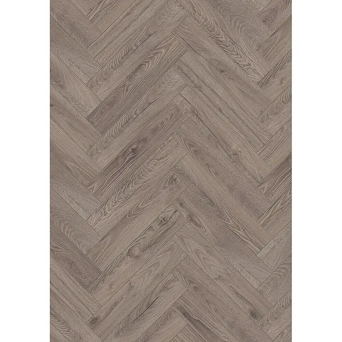 Krono Original Laminat Herringbone - Rutherford Oak, Fischgrät, 630 x 126 x 8 mm - Hellbrauner Holzboden in Fischgrätmuster mit sichtbarer Holzmaserung.