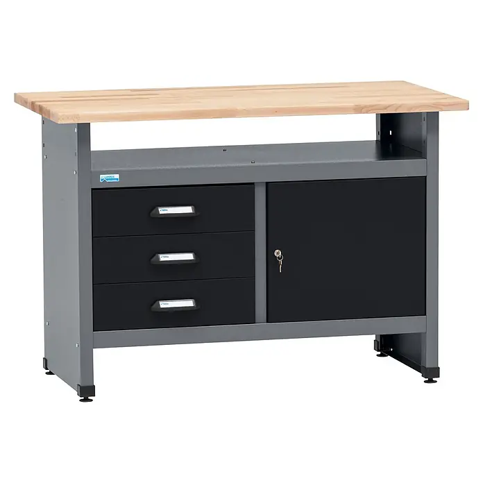 Küpper Werkbank - L x B: 120 x 60 cm, Arbeitshöhe: 84 cm, Belastbarkeit: 300 kg, Silbergrau, Anzahl Schubladen: 3 Stk. - KUPPER Werkbank: graues Metallgestell, helle Holzplatte, drei schwarze Schubladen und ein abschließbarer schwarzer Schrank.