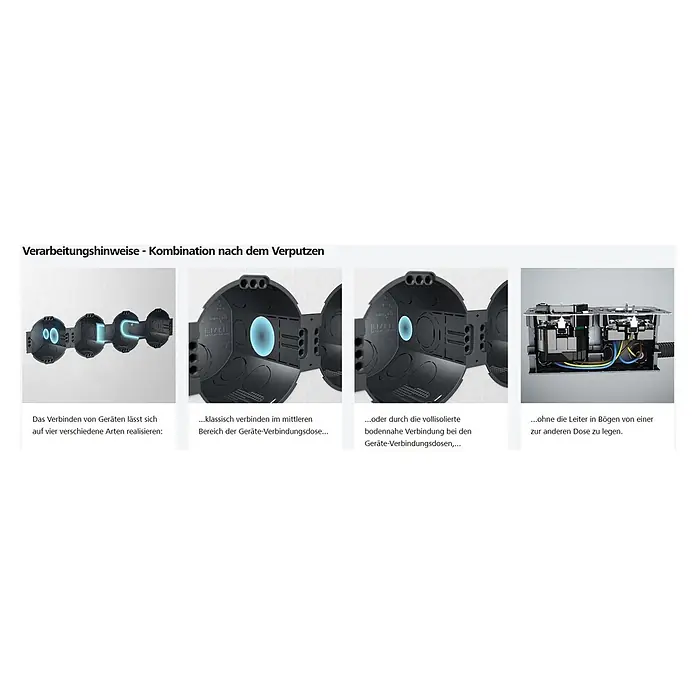Kaiser Schalterdose - Ø x L: 60 x 66 mm, Schwarz, 25 Stk. - Elektrische Unterputzdosen in Kombination, zeigen verschiedene Anschluss- und Verdrahtungsmöglichkeiten.